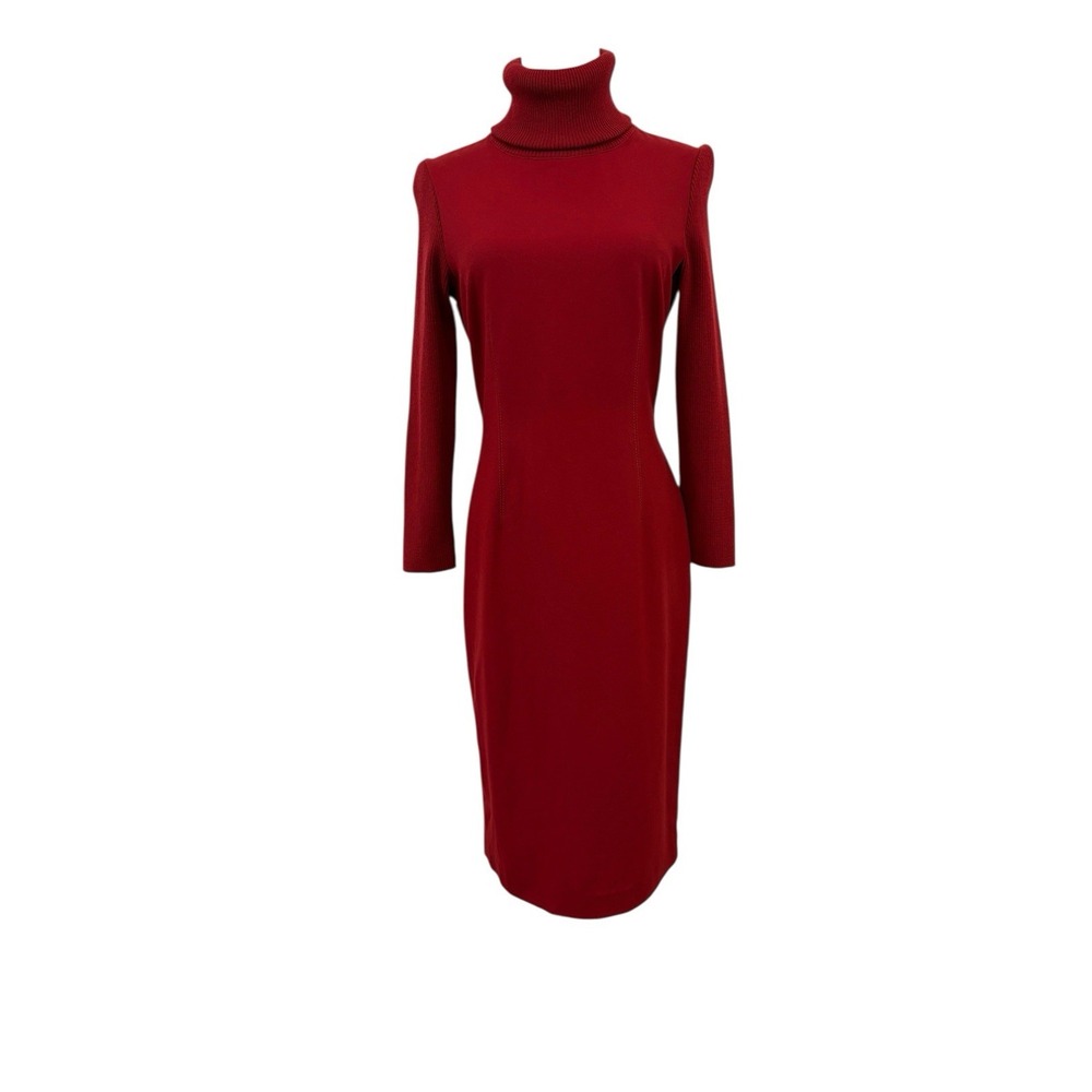 Vtg 90s Red Turtle Neck Dress Wool Sheath Sz 2 Identity Lord Taylor Quiet Luxury